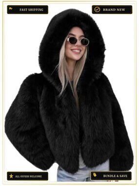 Faux Fur Cropped Hooded Jacket Shaggy Long Sleeve Winter Coat